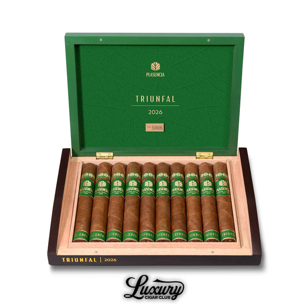 Plasencia Triunfal World Cup 2026 Toro Extra cigars in open wooden box with green interior and gold branding showcasing premium brown wrappers Luxury Cigar Club