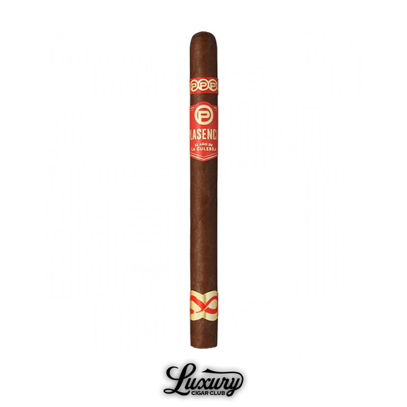 Plasencia Year Of The Snake Unicorn Culebra single cigar with red and gold bands, showcased upright from Luxury Cigar Club.