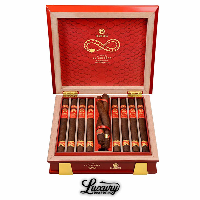 Plasencia Year Of The Snake Unicorn Culebra limited edition cigars displayed in an open red and gold box, featuring twisted culebra cigars and single sticks, offered by Luxury Cigar Club.