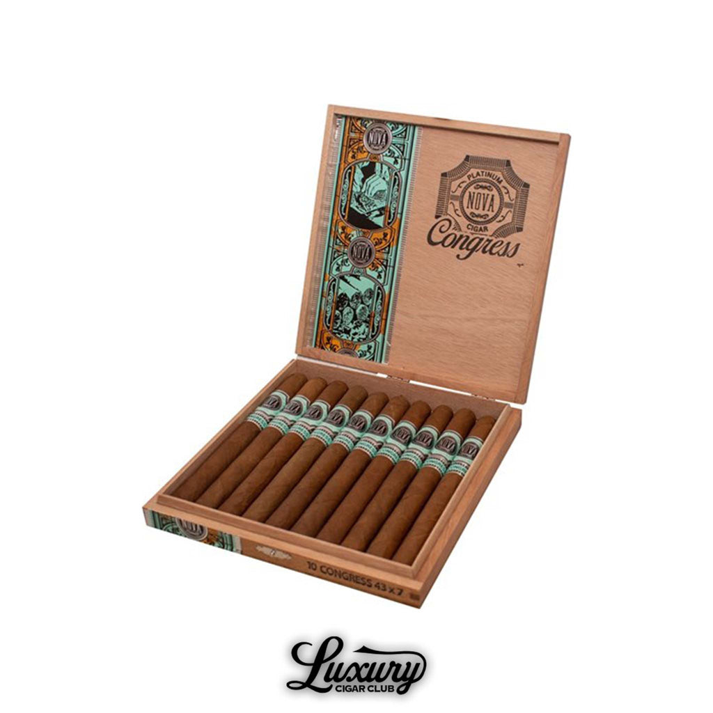Open wooden box of Platinum Nova Congress Lonsdale cigars featuring ten medium-brown cigars with teal and silver bands, elegantly arranged. Luxury Cigar Club logo displayed below.
