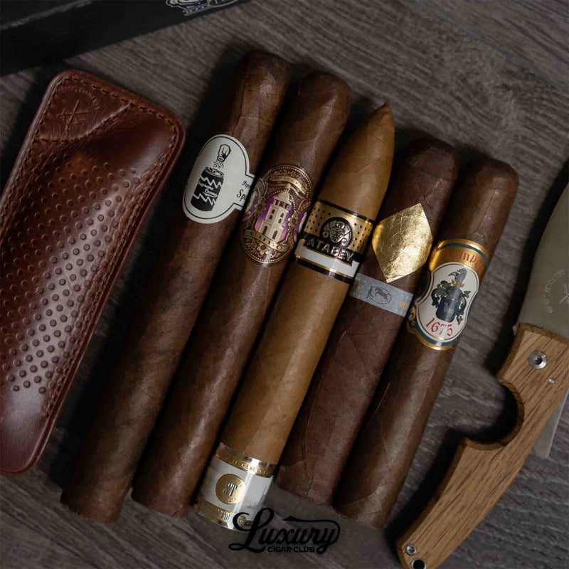 Close-up of Luxury Cigar Club Platinum Subscription selection of five premium cigars including Atabey and Byron, highlighting artisanal craftsmanship and decorative cigar bands.
