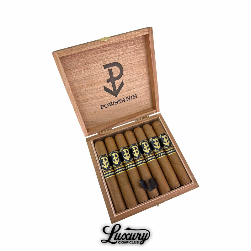 Powstanie Connecticut Robusto cigars arranged neatly in an open wooden box with clean branding, displayed by Luxury Cigar Club.
