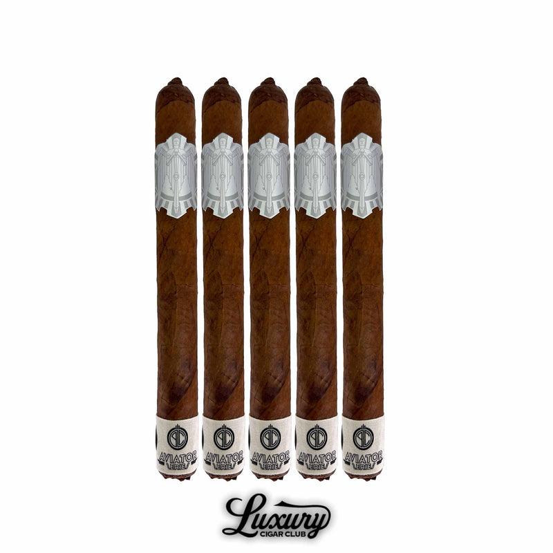 Principle Aviator Prominente LCC Exclusive Figurado 5-pack cigars showcasing sleek white bands and elegant craftsmanship, presented by Luxury Cigar Club.
