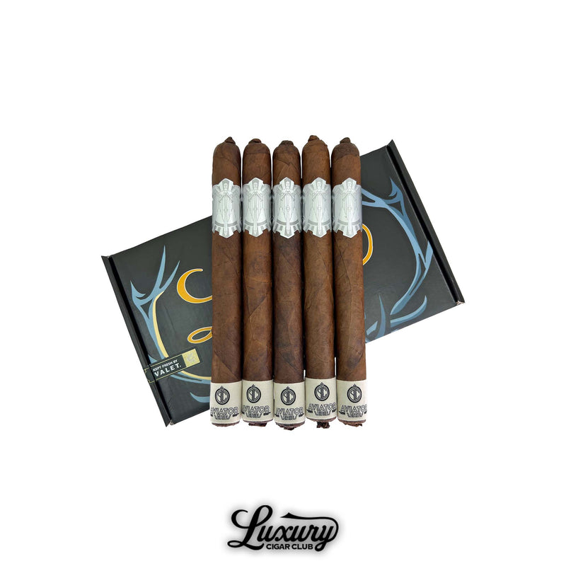 Principle Aviator Prominente LCC Exclusive Figurado 5-pack cigars displayed on a sleek Luxury Cigar Club box, showcasing silver bands and flawless construction.