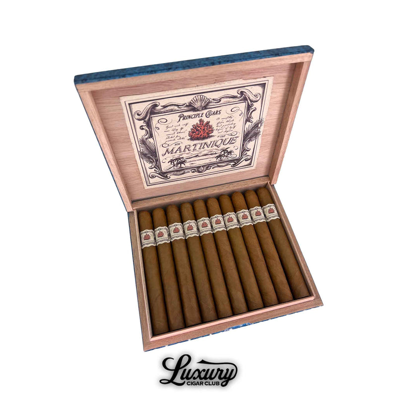 Principle Martinique cigars displayed in an open wooden box with elegant vintage-style branding, showcasing smooth golden-brown wrappers and ornate white bands, presented by Luxury Cigar Club.