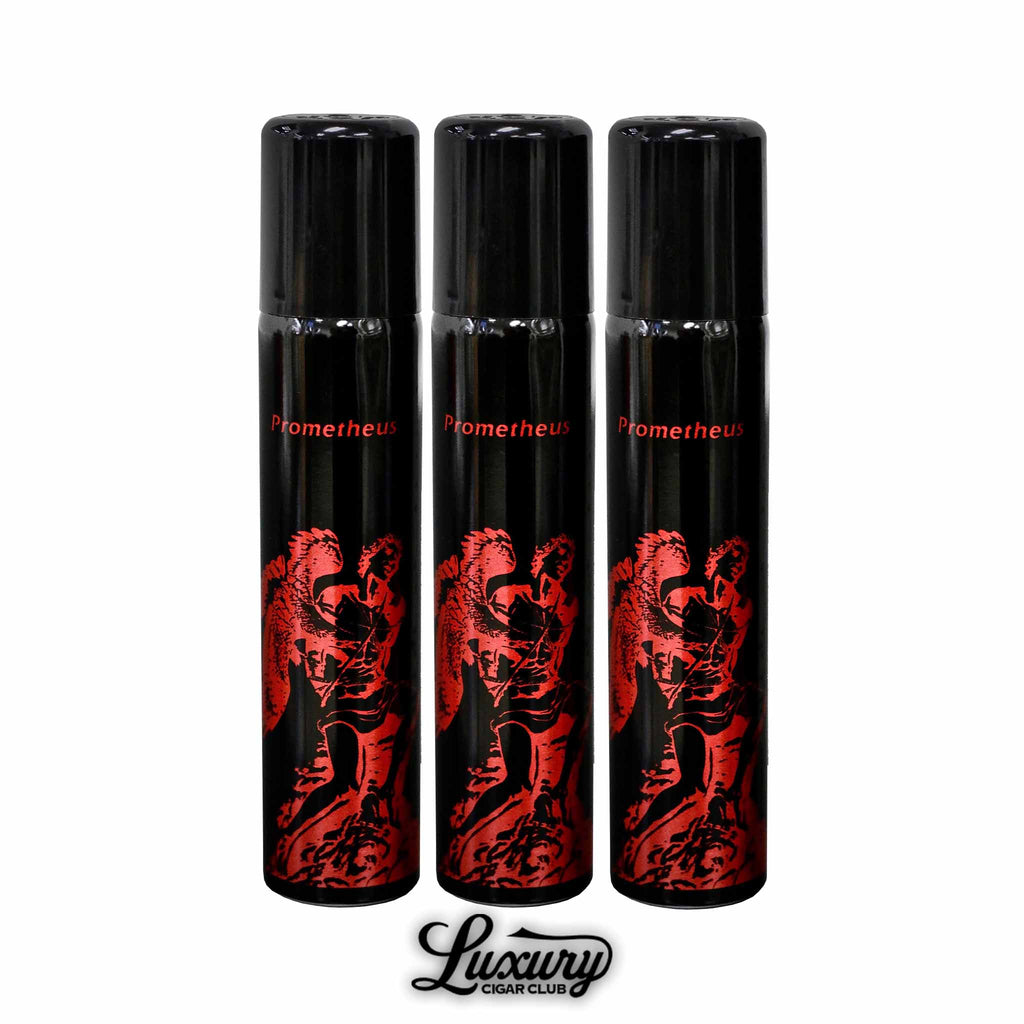 Prometheus butane gas refill 3oz canisters, shown in a 3-pack with black and red design, provide clean fuel for cigar lighters. Available through Luxury Cigar Club.