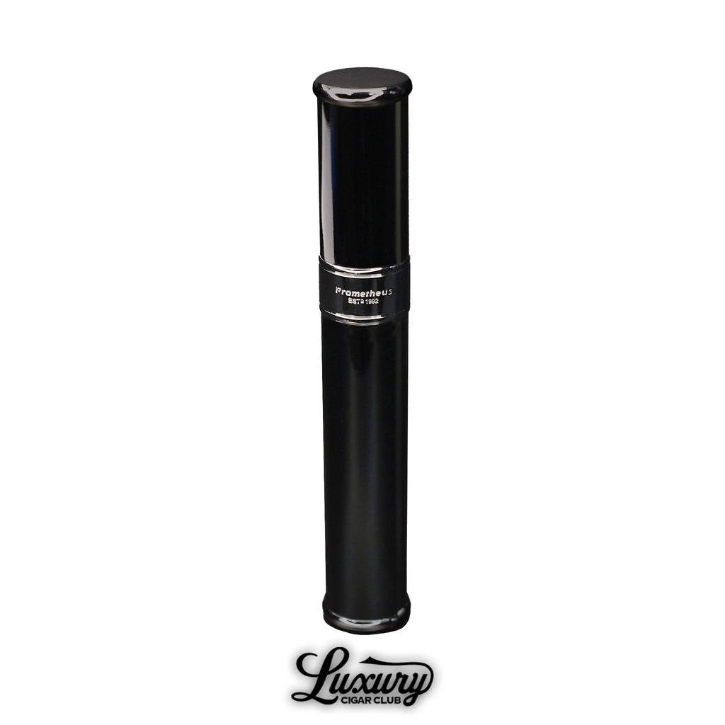 Prometheus Cigar Tube in a sleek lacquer gunmetal finish, designed to securely hold and protect a single cigar. Displayed upright with Luxury Cigar Club branding beneath.