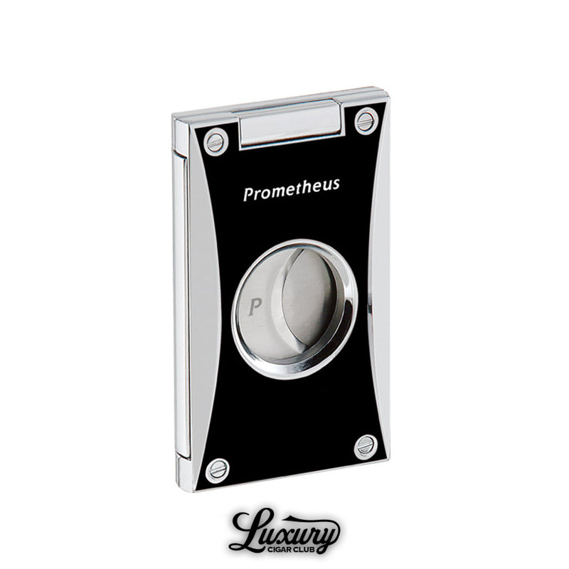 Prometheus Cutter H cigar cutter in sleek black with chrome accents, stainless steel blades, and Prometheus branding, available at Luxury Cigar Club