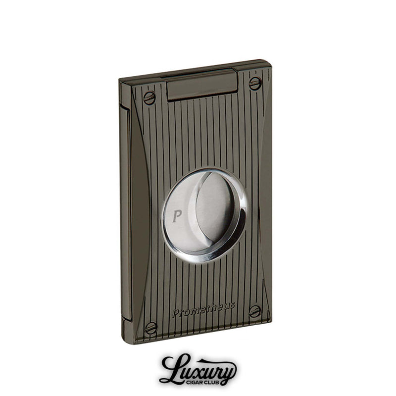 Prometheus Cutter H cigar cutter in elegant gunmetal with vertical line design and dual stainless steel blades, available at Luxury Cigar Club