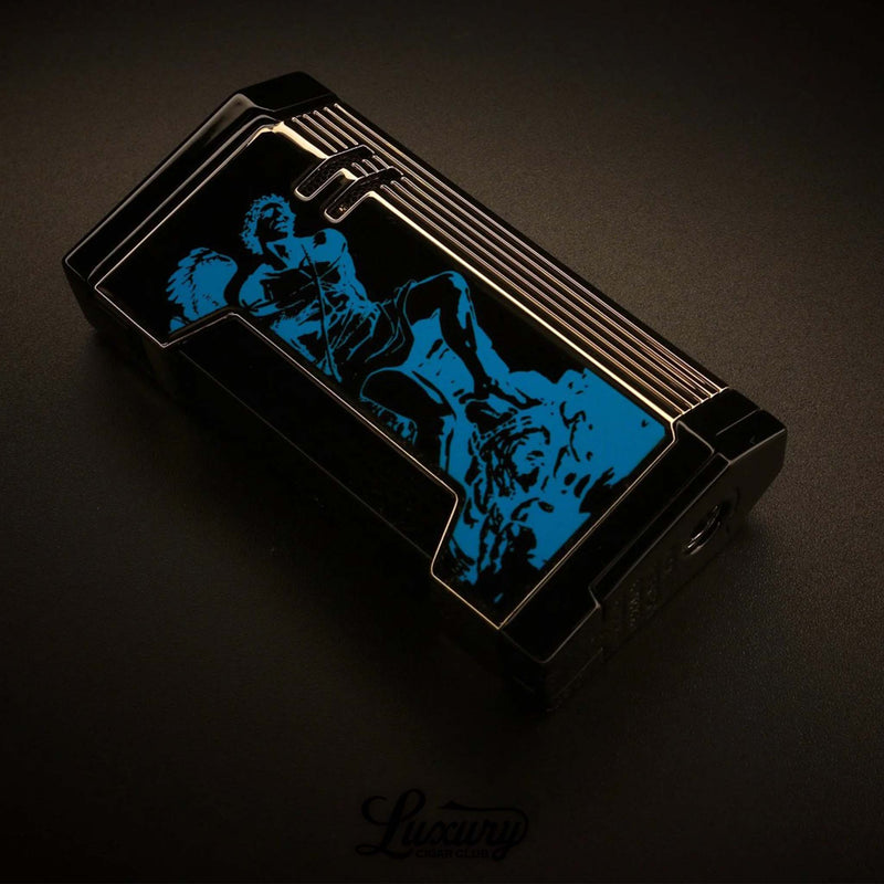 Luxury Cigar Club Prometheus Limited Edition Magma X lighter 2024 horizontal black and gold with bold blue Forbidden warrior artwork
