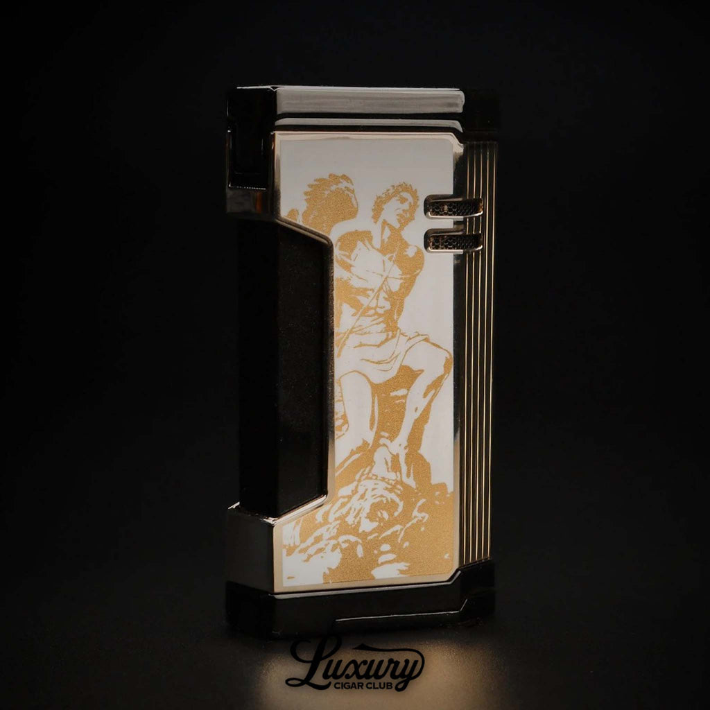 Luxury Cigar Club Prometheus Limited Edition Magma X lighter 2024 standing design white and gold finish featuring Forbidden warrior artwork