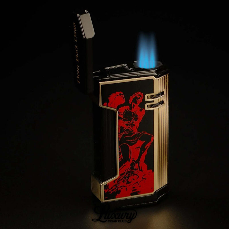 Luxury Cigar Club Prometheus Limited Edition Magma X lighter 2024 vertical black and gold with red Forbidden warrior artwork and triple blue flame