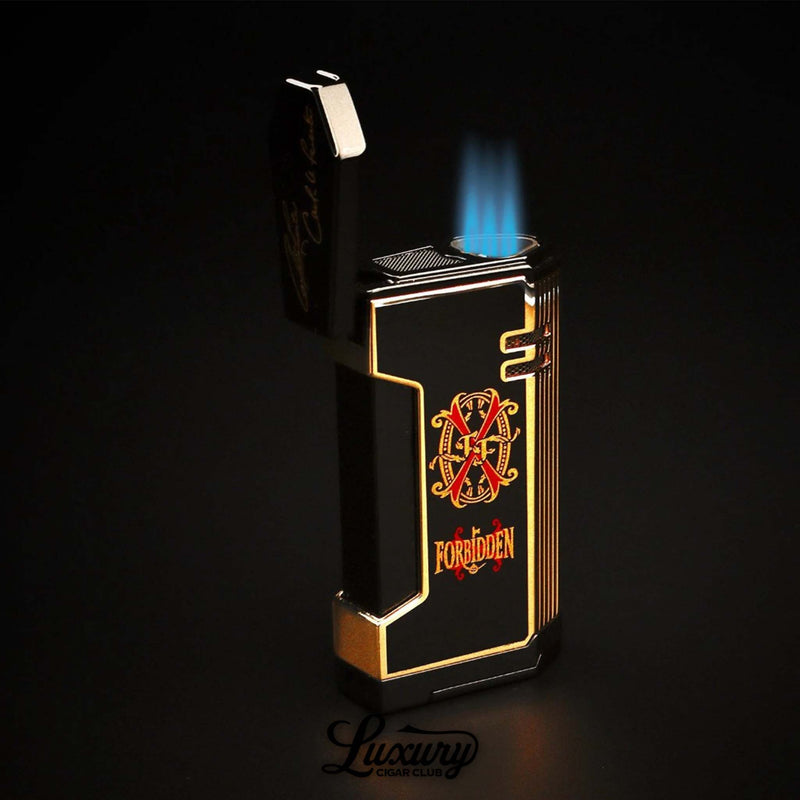 Luxury Cigar Club Prometheus Limited Edition Magma X lighter 2024 black and gold with red OpusX Forbidden logo lit with blue triple flame