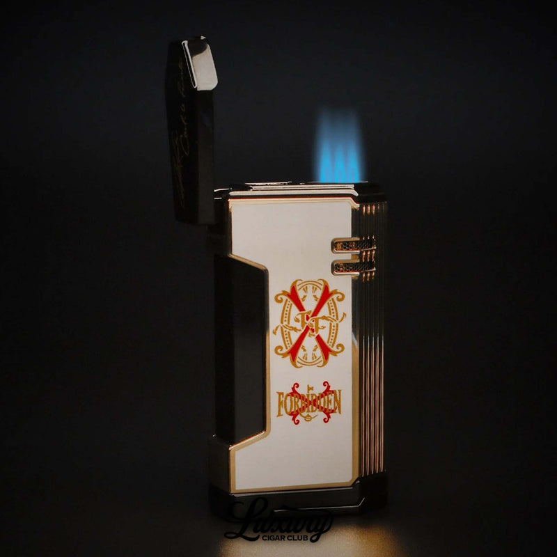 Luxury Cigar Club Prometheus Limited Edition Magma X lighter 2024 white and gold design featuring the OpusX Forbidden logo with triple jet flame