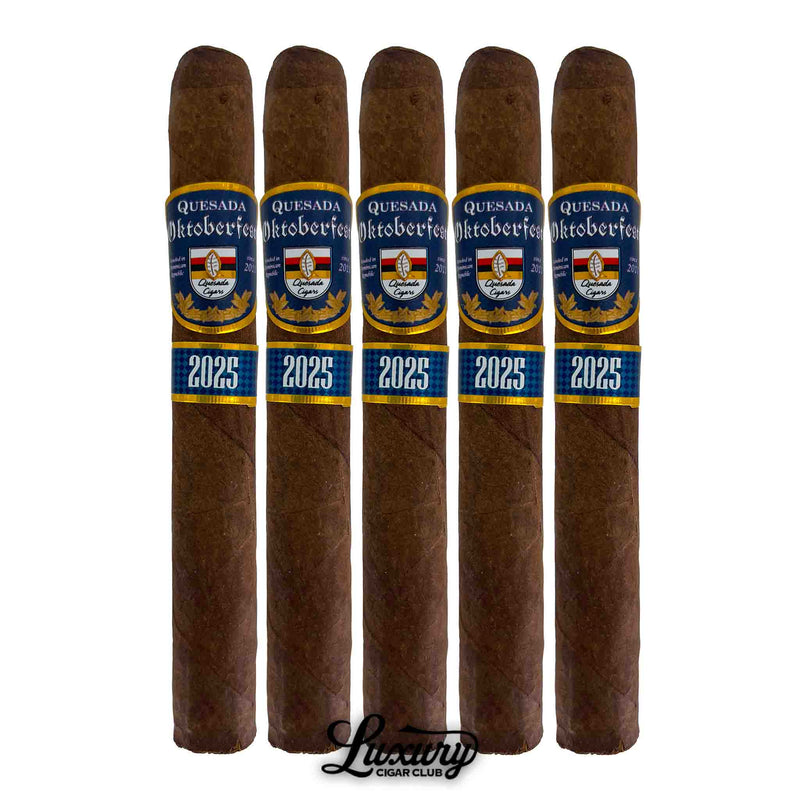 Five-pack of Quesada Oktoberfest 2025 Kaiser Ludwig cigars with bold Oktoberfest 2025 blue secondary bands, offered by Luxury Cigar Club.