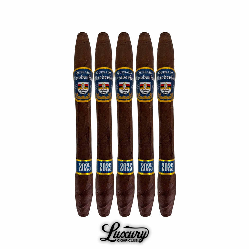 Five-pack of Quesada Oktoberfest 2025 Salomon cigars with pointed heads and dual bands, presented by Luxury Cigar Club.