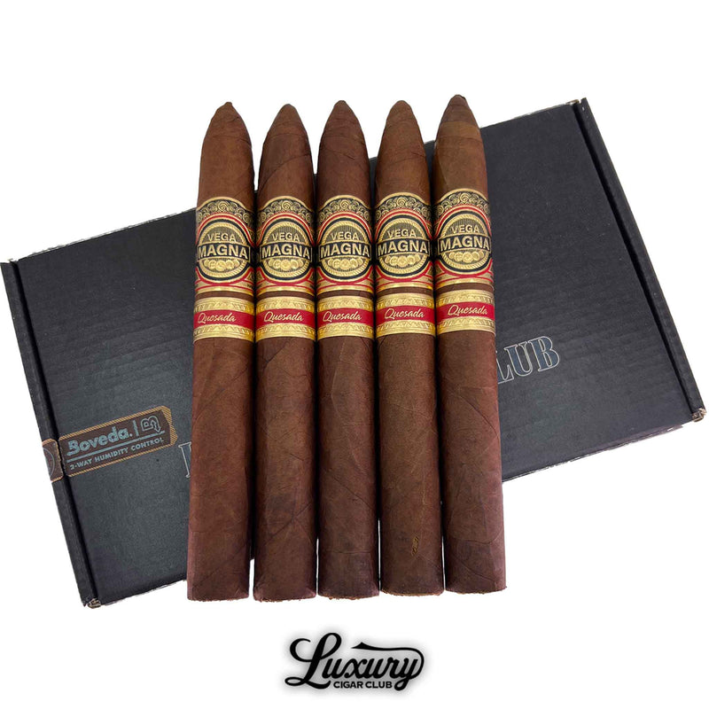 A five-pack of Quesada Vega Magna Limited Production Belicoso cigars displayed over a Luxury Cigar Club box, showcasing their rich brown wrapper and classic branding.