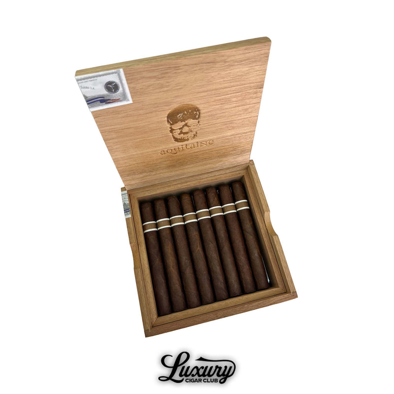 Open wooden box of RoMa Craft Aquitaine Anthropology cigars with skull logo on lid at Luxury Cigar Club