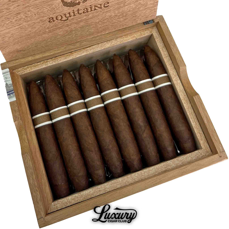 Close up of RoMa Craft Aquitaine Mode 5 torpedo shaped cigars with dark wrapper available at Luxury Cigar Club