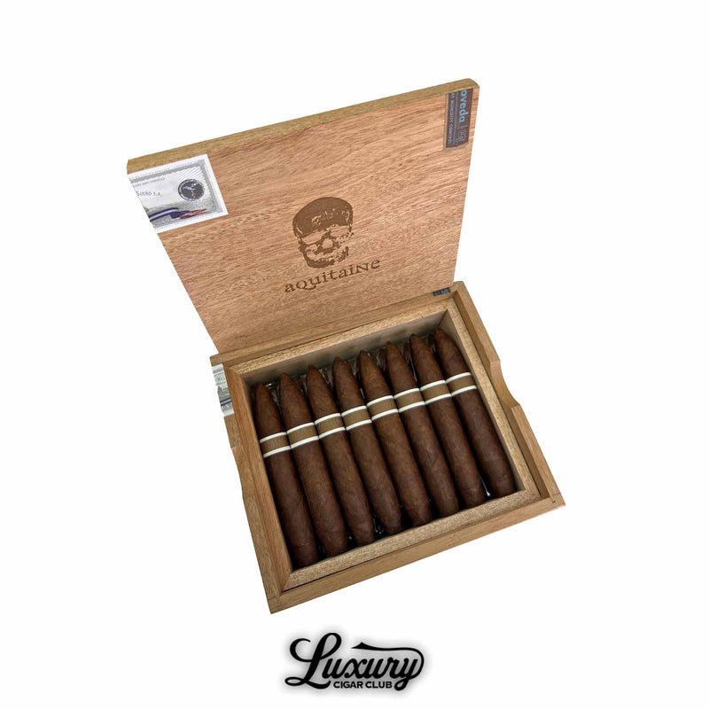 Open wooden box of RoMa Craft Aquitaine Mode 5 cigars with skull logo etched on lid at Luxury Cigar Club