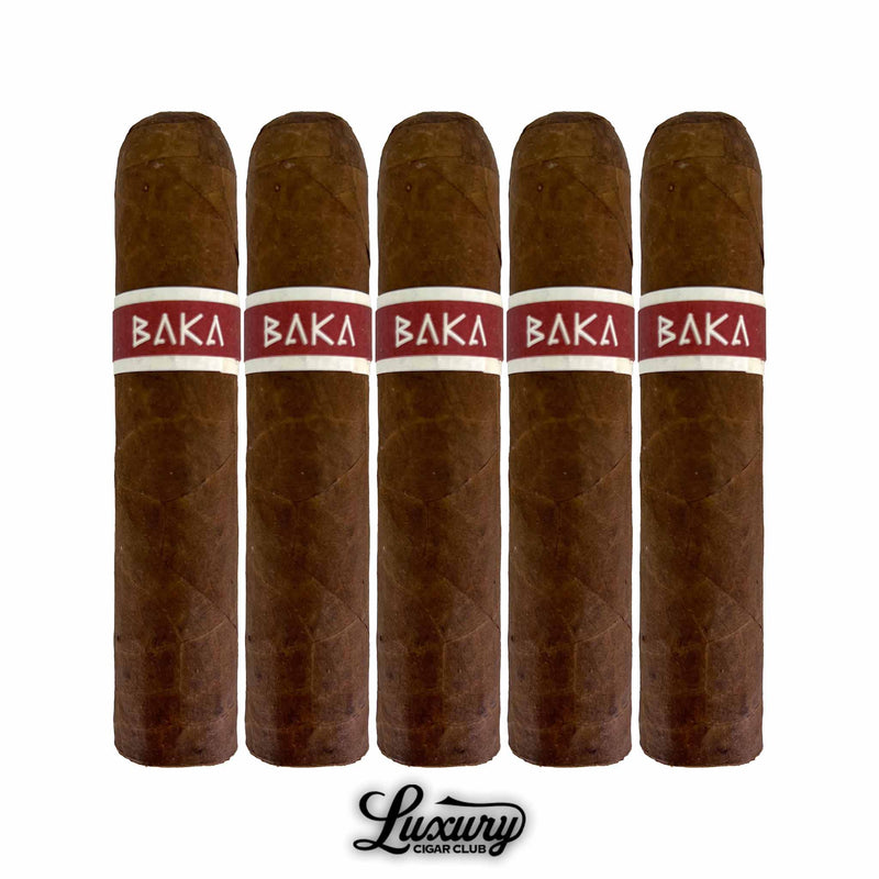 Five pack of RoMa Craft Baka Bantu robusto cigars with bold red band, sold by Luxury Cigar Club.