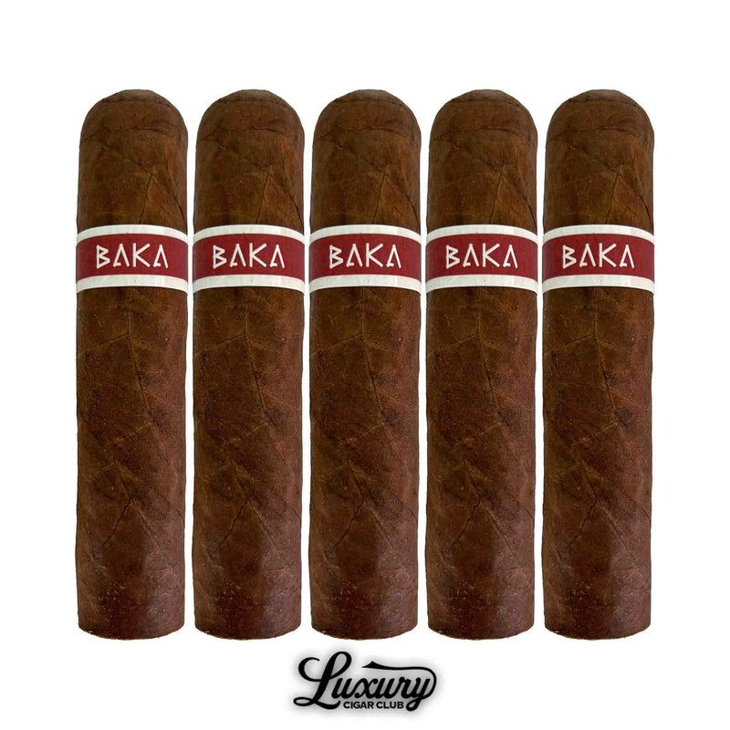 Five pack of RoMa Craft Baka Ota Benga torpedo cigars with pointed heads and red bands, offered by Luxury Cigar Club.