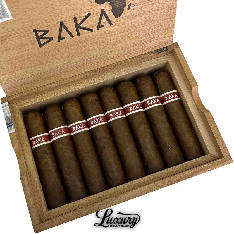Close up of RoMa Craft Baka Ota Benga cigars showing dark wrappers and red bands, featured at Luxury Cigar Club.