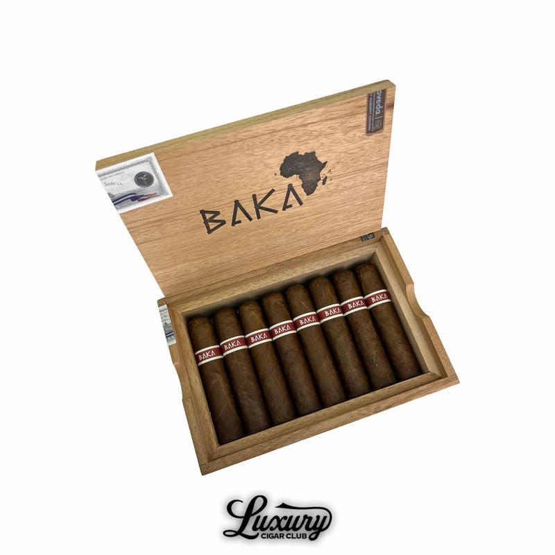 Open box of RoMa Craft Baka Ota Benga cigars with African map design, displayed by Luxury Cigar Club.