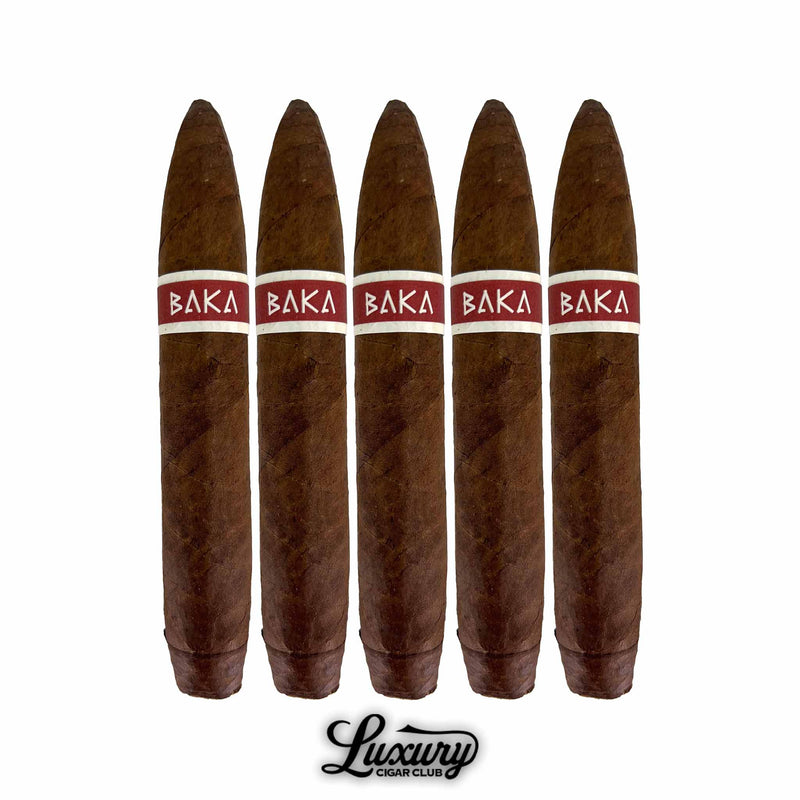 Five pack of RoMa Craft Baka Poki cigars with rich Maduro wrappers and red bands, sold by Luxury Cigar Club.