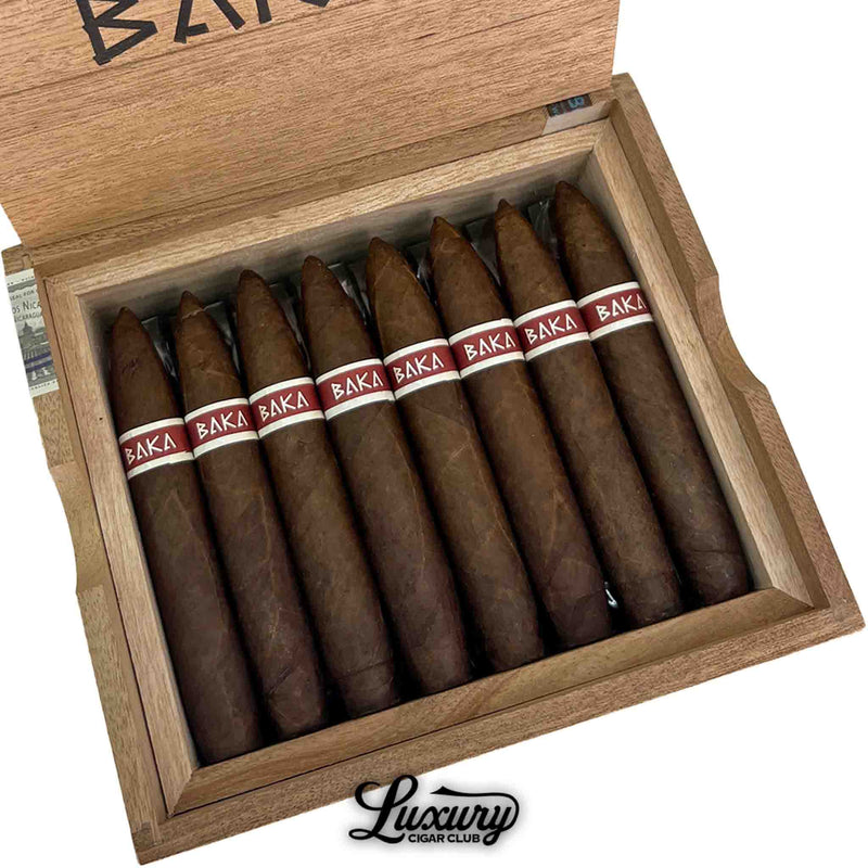 Close up of RoMa Craft Baka Poki cigars highlighting dark wrappers and red labels, available from Luxury Cigar Club.