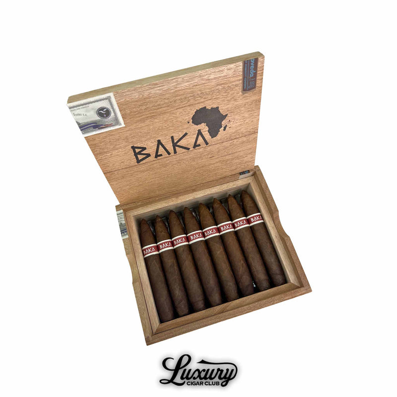 Open box of RoMa Craft Baka Poki cigars with bold red bands, presented by Luxury Cigar Club.
