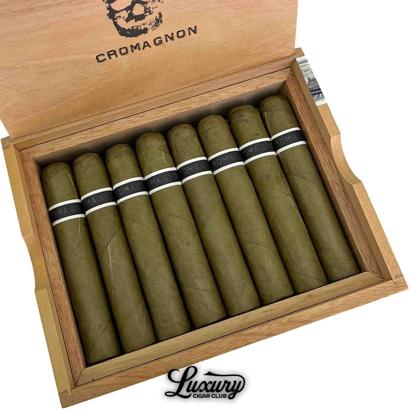 Close up of RoMa Craft CroMagnon Fomorian EMH cigars in box with candela wrapper at Luxury Cigar Club.