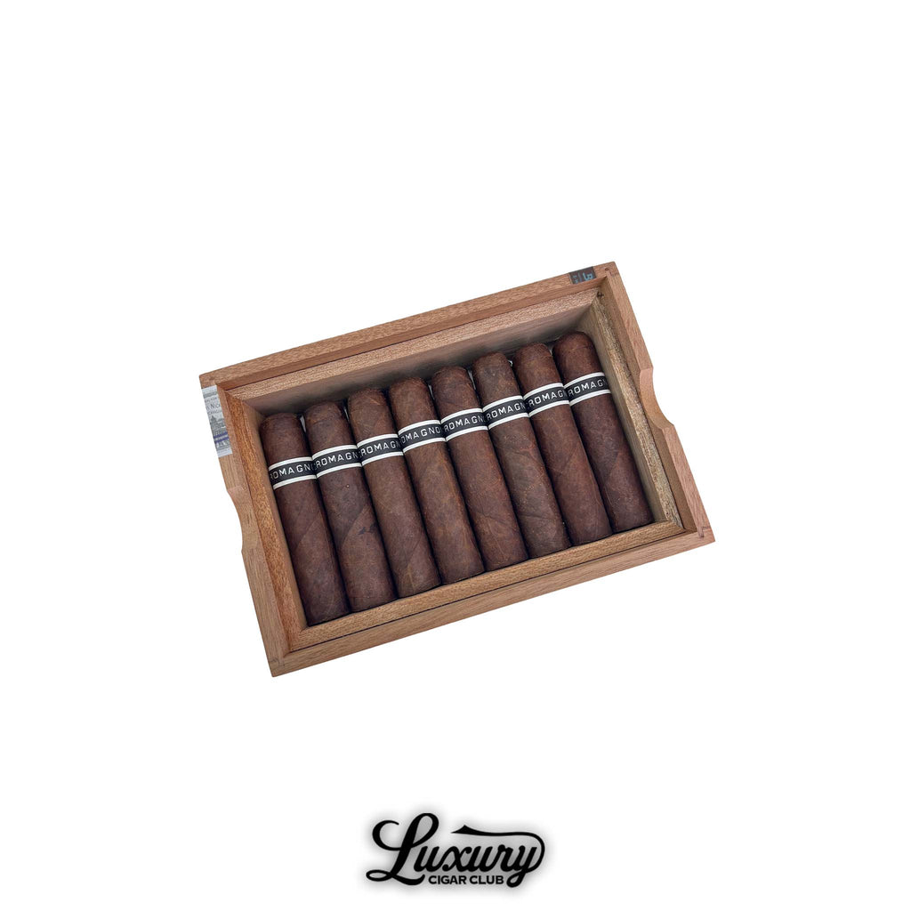 Open cedar box of RoMa Craft CroMagnon Knuckle Dagger cigars with dark Pennsylvania Broadleaf wrappers for sale online at Luxury Cigar Club