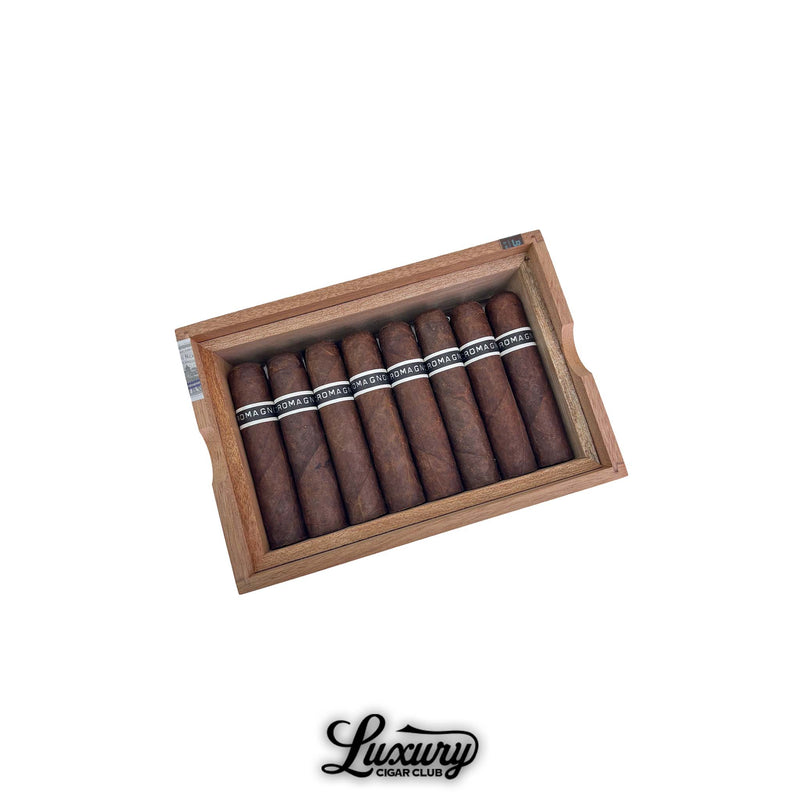 Open cedar box of RoMa Craft CroMagnon Knuckle Dagger cigars with dark Pennsylvania Broadleaf wrappers for sale online at Luxury Cigar Club