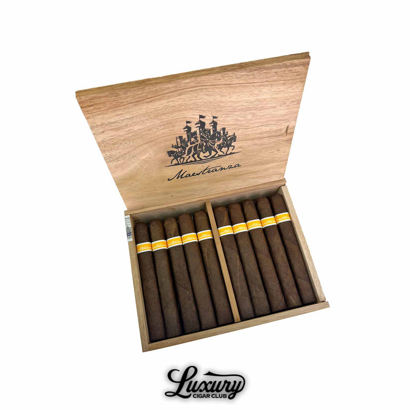RoMa Craft Maestranza Caballería Valencia cigars displayed in a natural wood box featuring the Maestranza crest, presented by Luxury Cigar Club.