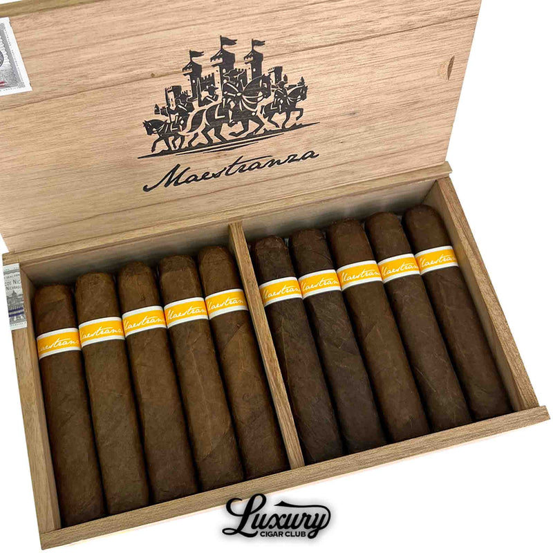 Close up of RoMa Craft Maestranza Castillito Murca cigars in box with yellow labels at Luxury Cigar Club