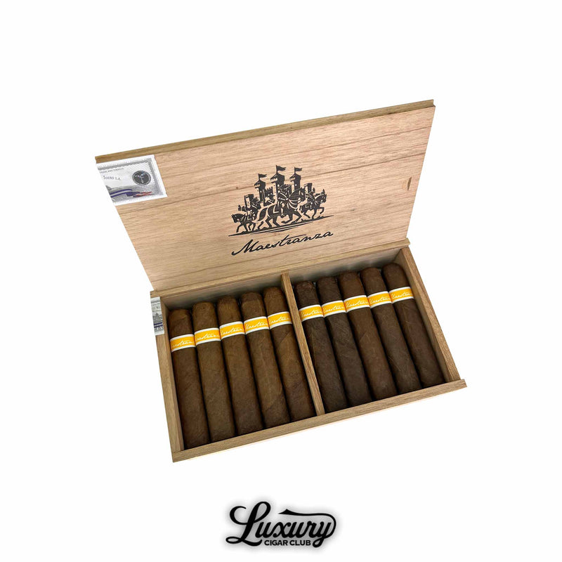 Open wooden box of RoMa Craft Maestranza Castillito Murca cigars with yellow bands available at Luxury Cigar Club