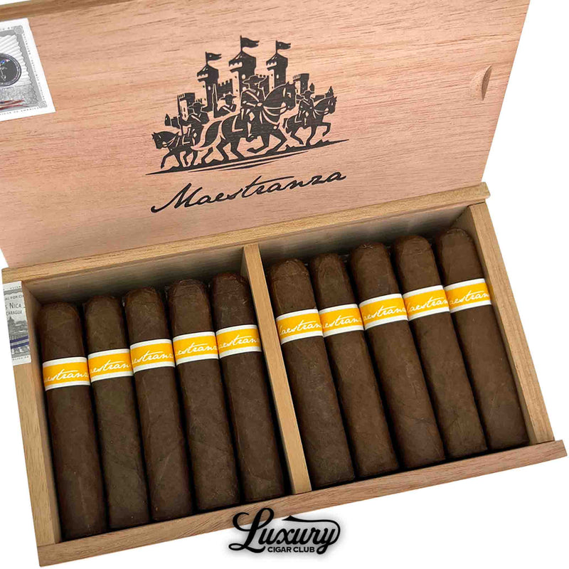 Close up of RoMa Craft Maestranza Ciutadella Catalonia cigars with yellow labels in box from Luxury Cigar Club