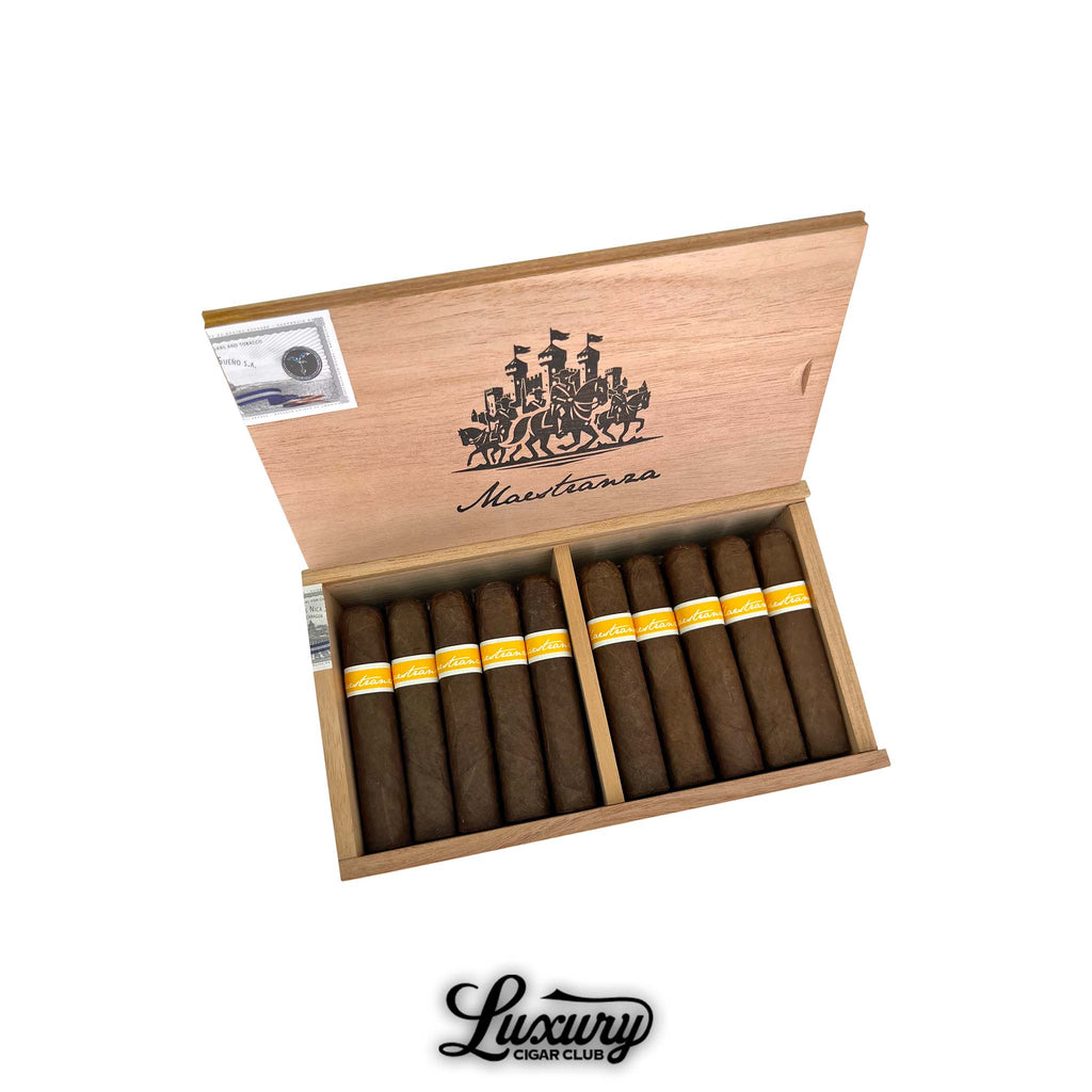 Open cedar box of RoMa Craft Maestranza Ciutadella Catalonia cigars with golden yellow bands at Luxury Cigar Club