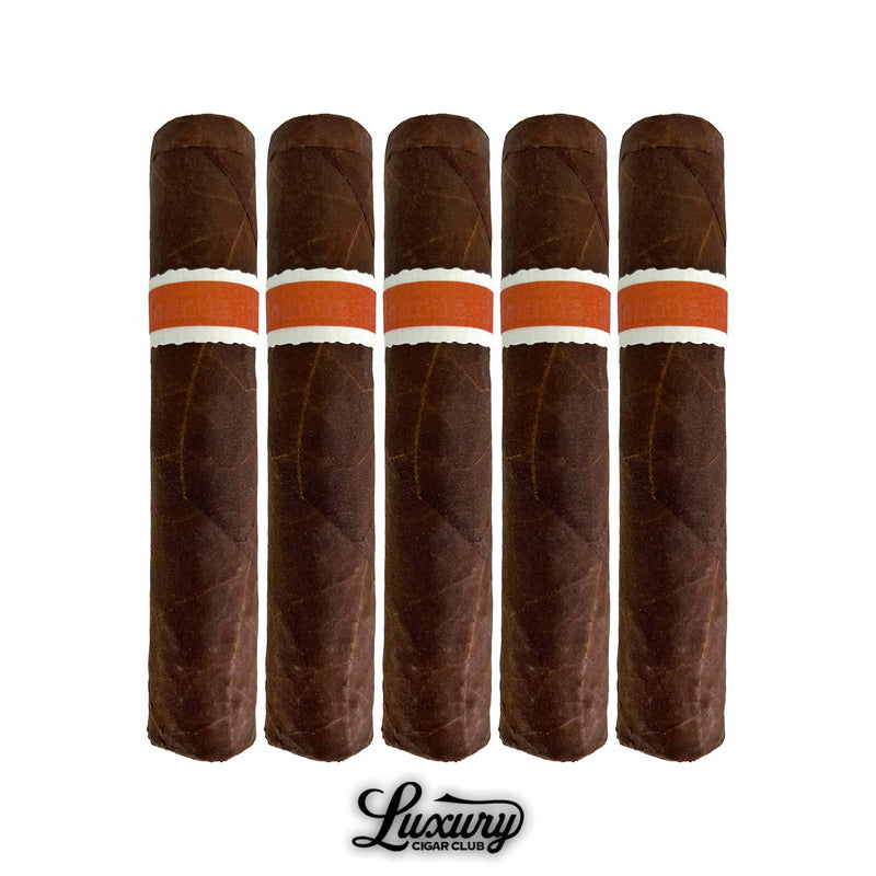 Five pack of RoMa Craft Neanderthal KFG cigars lined up with dark oily wrappers and bold orange bands available at Luxury Cigar Club