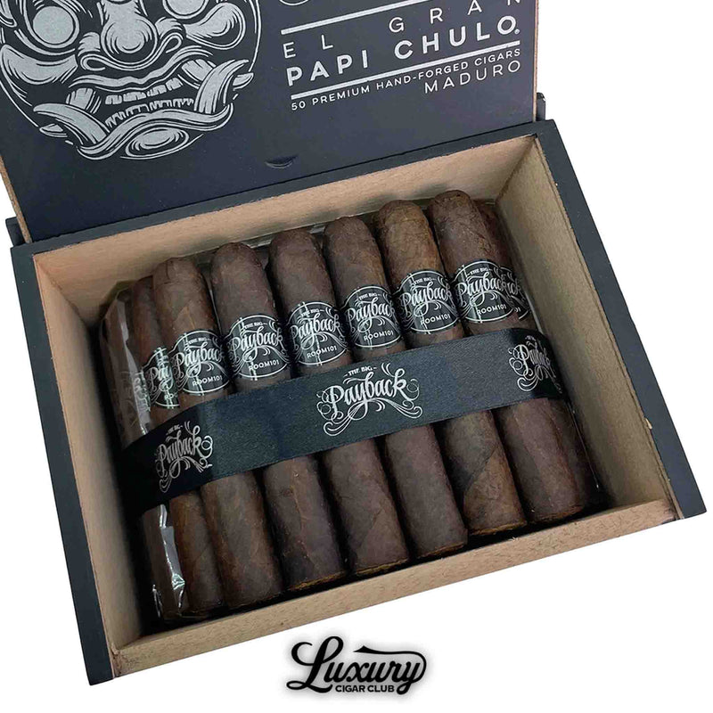 Close-up of Room101 Big Payback Maduro Papi Chulo cigars, showing dark, rich wrappers and detailed black and silver bands, neatly arranged inside a branded wooden box from Luxury Cigar Club.
