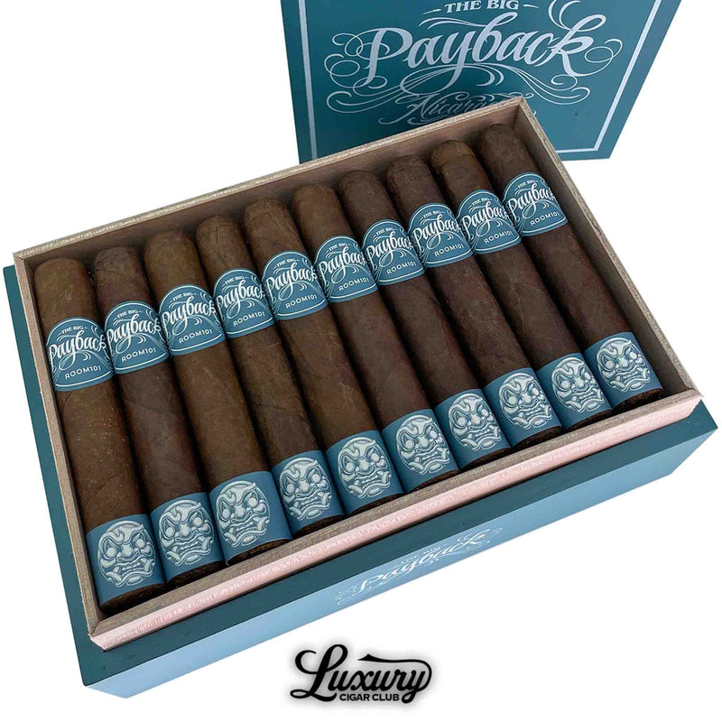 Close up of Room 101 Big Payback Nicaragua Robusto cigars inside an open teal box, highlighting the uniform dark brown wrappers and bold branded bands, from Luxury Cigar Club.