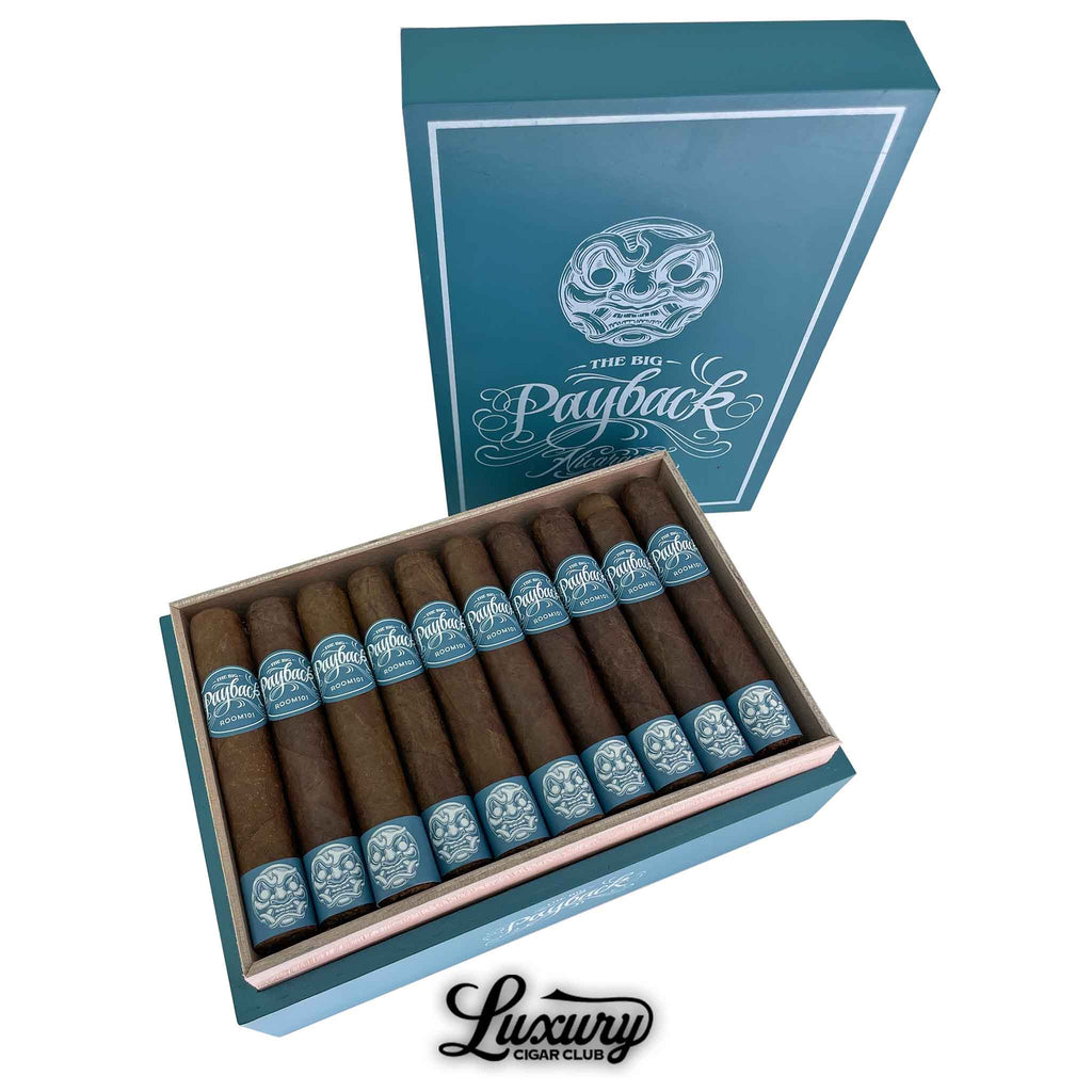 Box of Room 101 Big Payback Nicaragua Robusto cigars with teal and white branding, open to reveal neatly arranged cigars with bold decorative bands, available at Luxury Cigar Club.