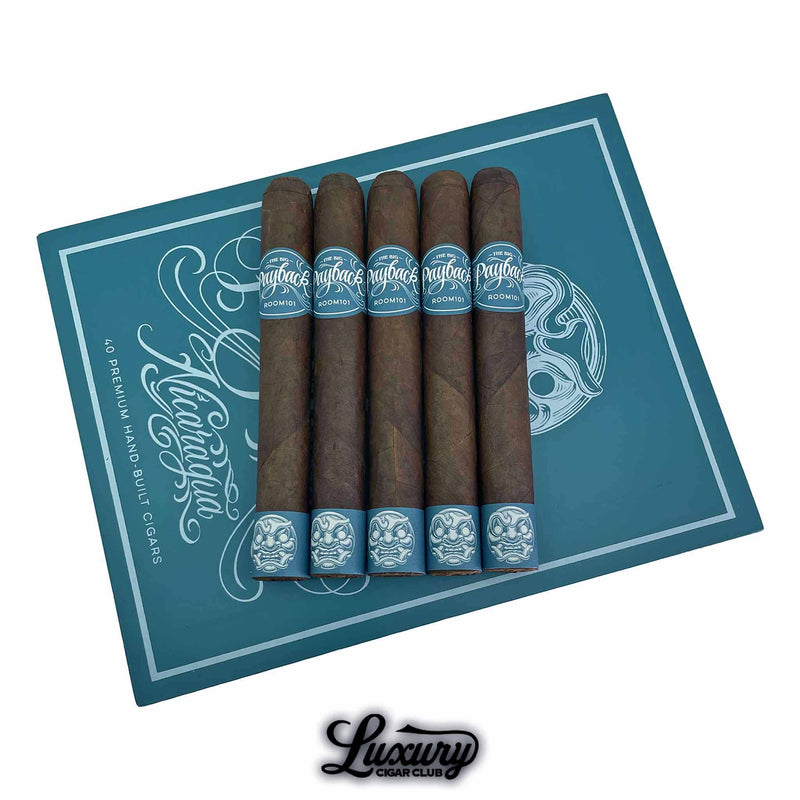 Five-pack of Room 101 Big Payback Nicaragua Toro cigars arranged on top of a teal box, showcasing premium dark wrappers and iconic branded bands, featured by Luxury Cigar Club.