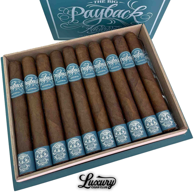 Close up view of Room 101 Big Payback Nicaragua Toro cigars inside the branded teal box, emphasizing wrapper texture and band design, available at Luxury Cigar Club.