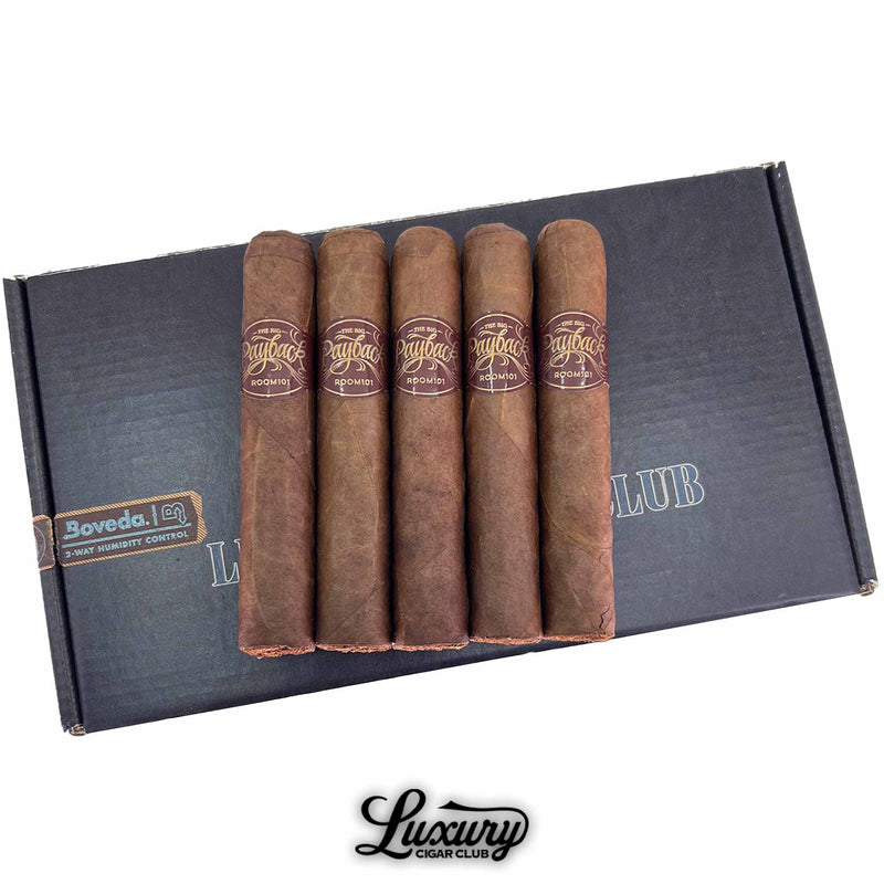 Close up of Room101 Big Payback Sumatra El Gran Papi Chulo 5 pack cigars with brown wrappers displayed on a Luxury Cigar Club black box.