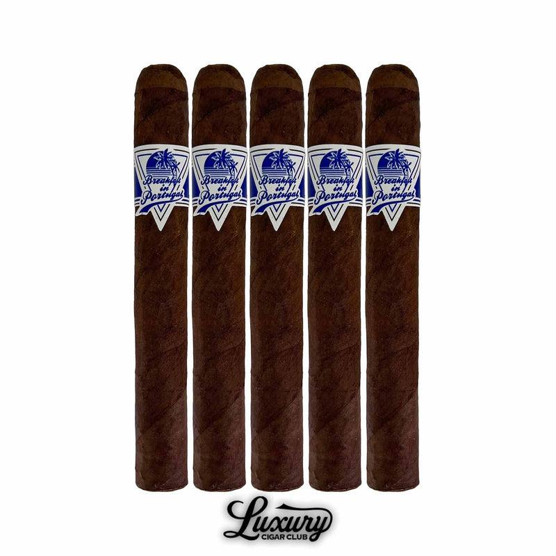 Five Room 101 Breakfast in Portugal Maduro Toro cigars lined up with rich Maduro wrappers and blue-and-white palm tree bands, photographed for Luxury Cigar Club premium cigar collection.