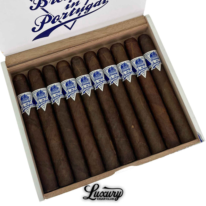 Close-up of Room 101 Breakfast in Portugal Maduro Toro cigars in open white box with blue tropical branding, highlighting dark Maduro wrappers and bold cigar bands, offered by Luxury Cigar Club.