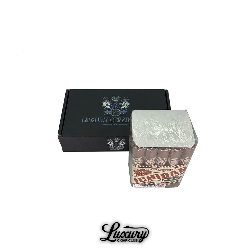 Bundle of Room 101 Ichiban Connecticut cigars wrapped in clear packaging with brown and cream branding, displayed beside a black Luxury Cigar Club box, available online.