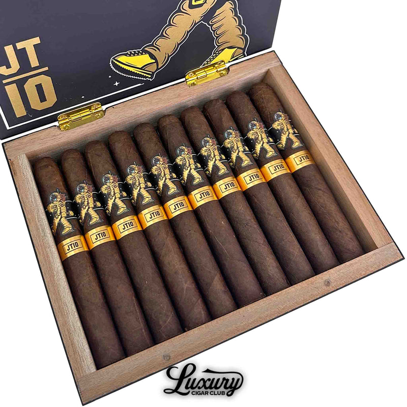 Close up of Room 101 Johnny Tobacconaut 10th Anniversary Toro cigars inside box with astronaut artwork on lid from Luxury Cigar Club